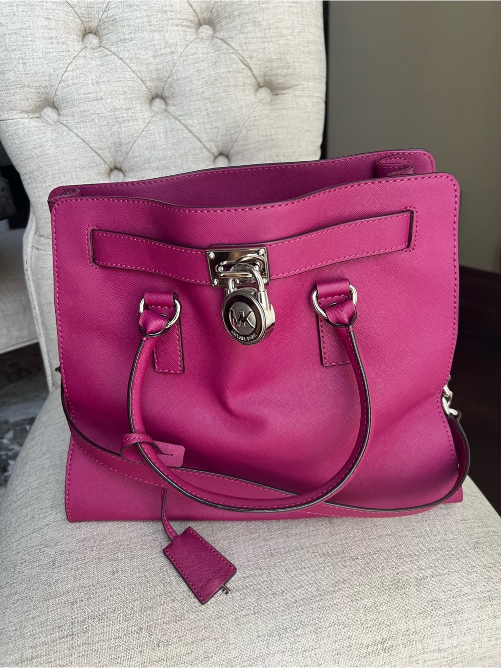 Michael Kors Fuchsia Saffiano Leather Tote with Silver Hardware